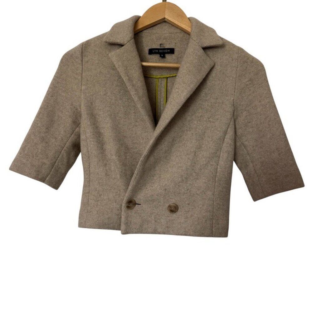 Lyn Devon Womens Tan Beige 100% Cashmere Cropped Blazer Cardigan Sz 2